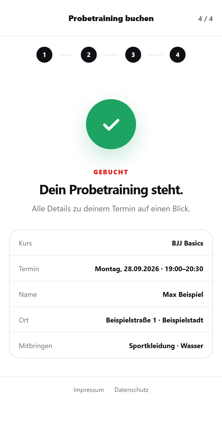 Echte Mat2Member-Buchung: Bestätigung – Dein Probetraining steht