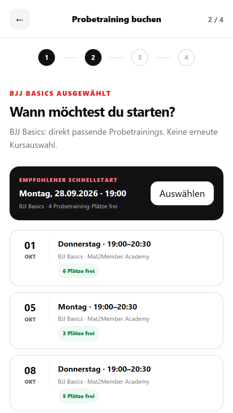 Echte Mat2Member-Buchung: freie Probetrainings für BJJ Basics mit Datum, Uhrzeit, freien Plätzen und Auswählen-Button